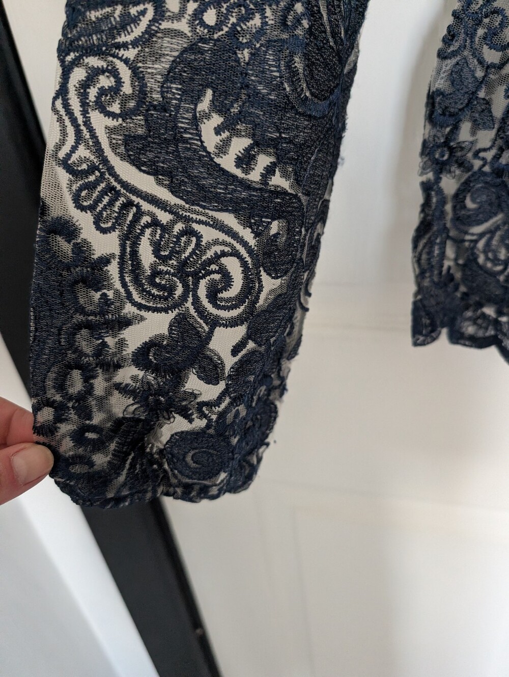 Feminine Women’s Navy Embroidered Sheer Lace Top - Elegant Long Sleeve - Picture 4 of 4